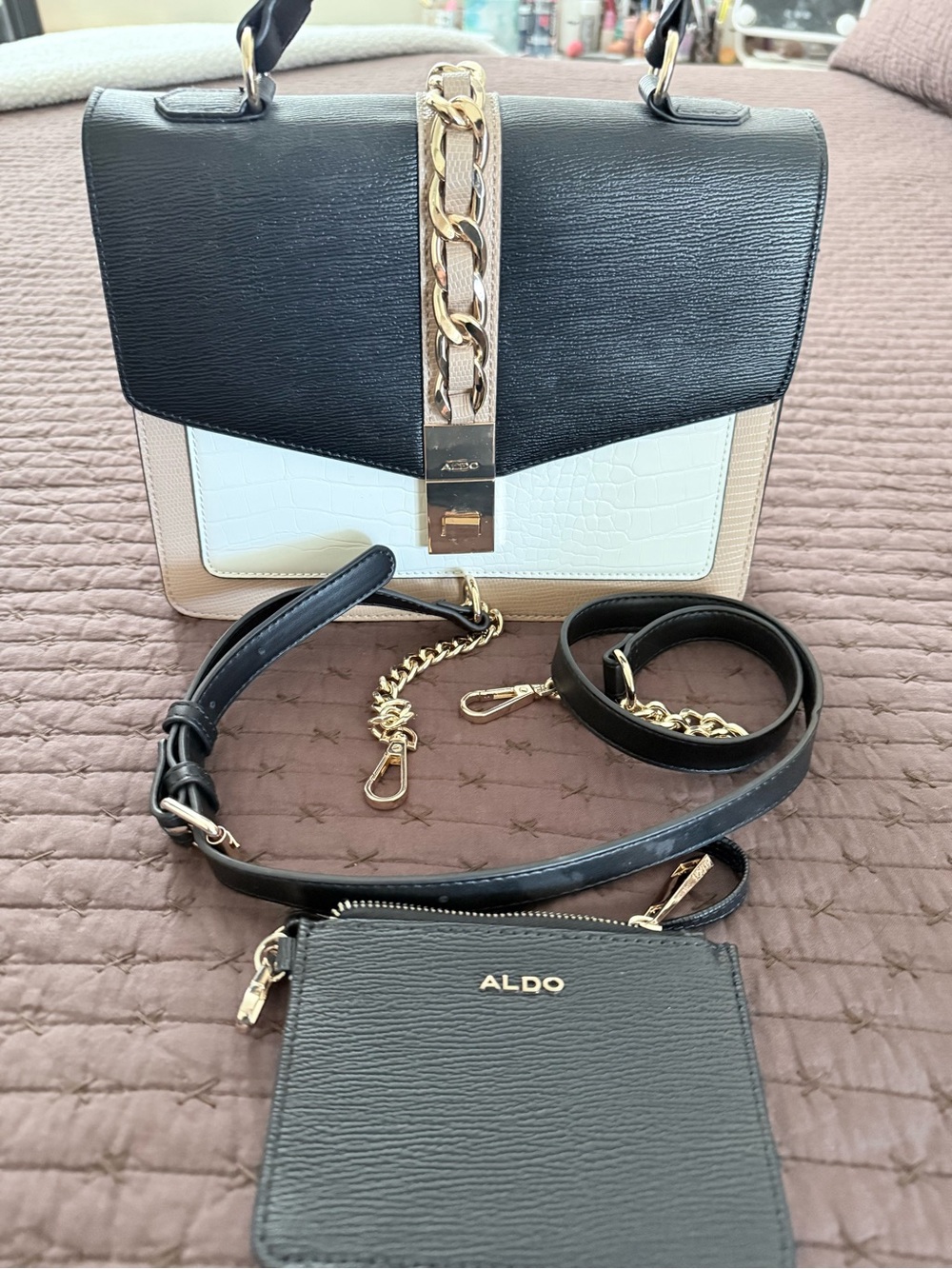ALDO Black, White & Beige Colorblock Chain-Accent Crossbody Bag